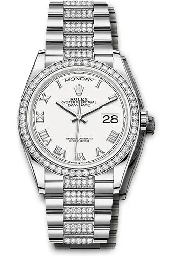   x White Gold Day-Date 36 Watch - Diamond Bezel - White Roman Dial - Diamond President Bracelet - 128349rbr wrdp Day-Date Watches Affordable Day-Date Watch