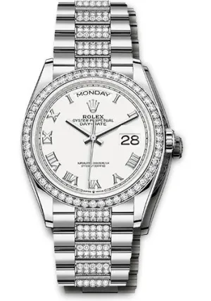   x White Gold Day-Date 36 Watch - Diamond Bezel - White Roman Dial - Diamond President Bracelet - 128349rbr wrdp Day-Date Watches Affordable Day-Date Watch
