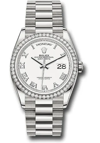   x White Gold Day-Date 36 Watch - Diamond Bezel - White Roman Dial - President Bracelet - 128349rbr wrp Day-Date Watches Affordable Day-Date Watch
