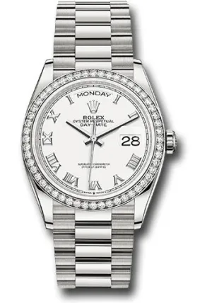   x White Gold Day-Date 36 Watch - Diamond Bezel - White Roman Dial - President Bracelet - 128349rbr wrp Day-Date Watches Affordable Day-Date Watch