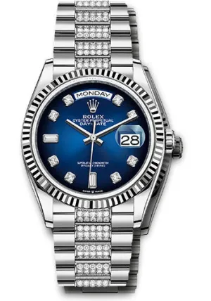   x White Gold Day-Date 36 Watch - Fluted Bezel - Blue Ombr Diamond Dial - Diamond President Bracelet - 128239 bloddp Day-Date Watches Affordable Day-Date Watch