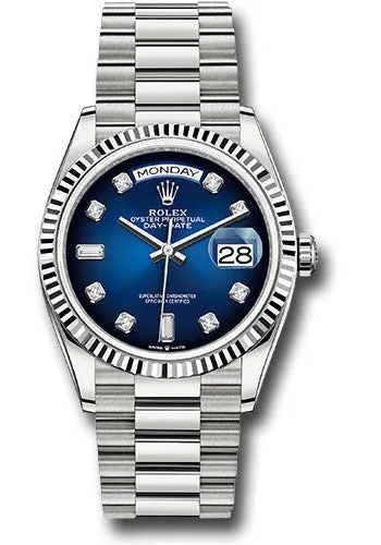   x White Gold Day-Date 36 Watch - Fluted Bezel - Blue Ombre Diamond Dial - President Bracelet - 128239 blodp Day-Date Watches Affordable Day-Date Watch