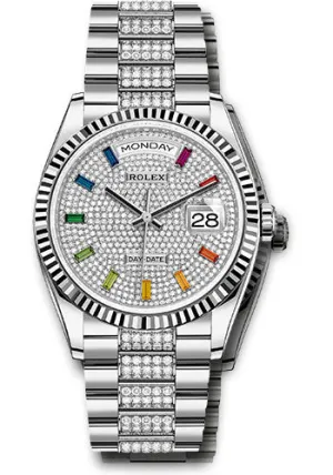   x White Gold Day-Date 36 Watch - Fluted Bezel - Diamond-Paved Dial - Diamond President Bracelet - 128239 dprsdp Day-Date Watches Affordable Day-Date Watch