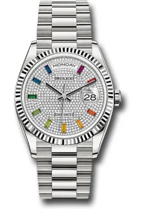   x White Gold Day-Date 36 Watch - Fluted Bezel - Diamond Paved Rainbow Sapphire Dial - President Bracelet - 128239 dprsp Day-Date Watches Affordable Day-Date Watch