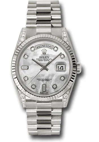  x White Gold Day-Date 36 Watch - Fluted Bezel - Mother-Of-Pearl Diamond Dial - President Bracelet - 118339 mdp Day-Date Watches Affordable Day-Date Watch