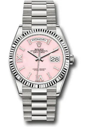   x White Gold Day-Date 36 Watch - Fluted Bezel - Pink Opal Diamond Hour Marker Dial - President Bracelet - 128239 podhmp Day-Date Watches Affordable Day-Date Watch