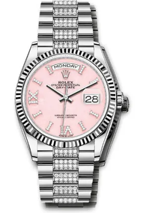   x White Gold Day-Date 36 Watch - Fluted Bezel - Pink Opal Diamond Index Roman 9 Dial - Diamond President Bracelet - 128239 podidrdp Day-Date Watches Affordable Day-Date Watch
