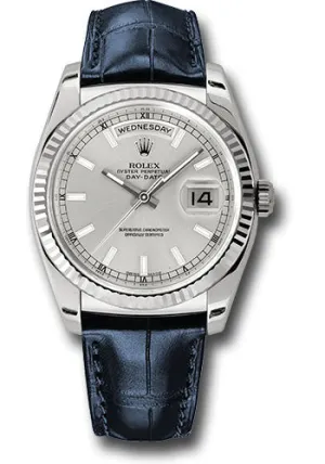   x White Gold Day-Date 36 Watch - Fluted Bezel - Silver Index Dial - Blue Leather - 118139 sibl Day-Date Watches Affordable Day-Date Watch