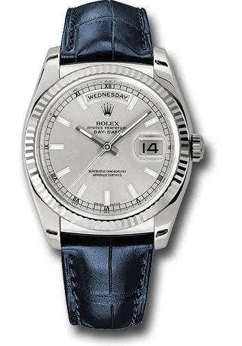   x White Gold Day-Date 36 Watch - Fluted Bezel - Silver Index Dial - Blue Leather - 118139 sibl Day-Date Watches Affordable Day-Date Watch