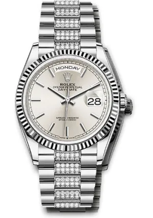   x White Gold Day-Date 36 Watch - Fluted Bezel - Silver Index Dial - Diamond President Bracelet - 128239 sidp Day-Date Watches Affordable Day-Date Watch