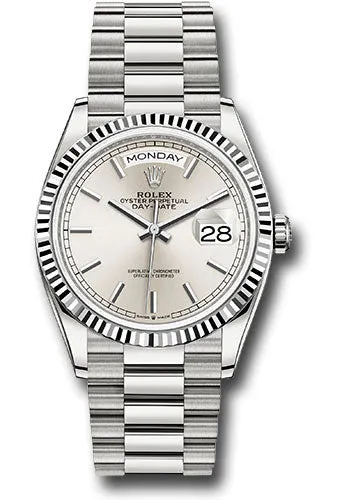   x White Gold Day-Date 36 Watch - Fluted Bezel - Silver Index Dial - President Bracelet - 128239 sip Day-Date Watches Affordable Day-Date Watch