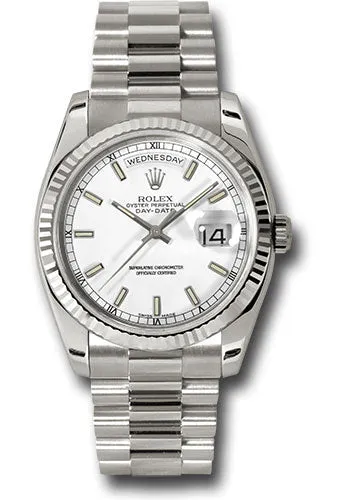   x White Gold Day-Date 36 Watch - Fluted Bezel - White Index Dial - President Bracelet - 118239 wsp Day-Date Watches Affordable Day-Date Watch