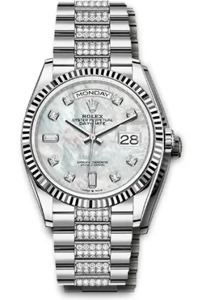   x White Gold Day-Date 36 Watch - Fluted Bezel - White Mother-Of-Pearl Diamond Dial - Diamond President Bracelet - 128239 mddp Day-Date Watches Affordable Day-Date Watch