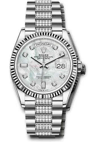   x White Gold Day-Date 36 Watch - Fluted Bezel - White Mother-Of-Pearl Diamond Dial - Diamond President Bracelet - 128239 mddp Day-Date Watches Affordable Day-Date Watch