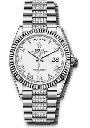   x White Gold Day-Date 36 Watch - Fluted Bezel - White Roman Dial - Diamond President Bracelet - 128239 wrdp Day-Date Watches Affordable Day-Date Watch