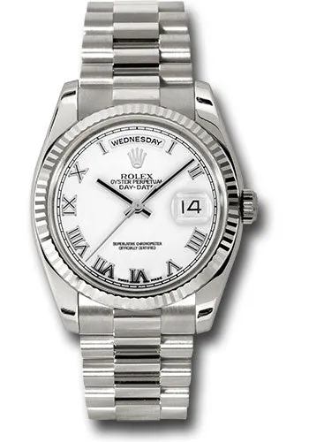   x White Gold Day-Date 36 Watch - Fluted Bezel - White Roman Dial - President Bracelet - 118239 wrp Day-Date Watches Affordable Day-Date Watch