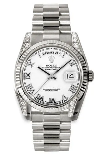   x White Gold Day-Date 36 Watch - Fluted Bezel - White Roman Dial - President Bracelet - 118339 wrp Day-Date Watches Affordable Day-Date Watch