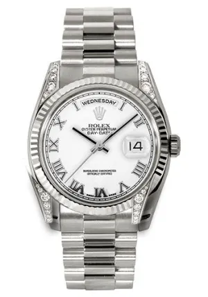   x White Gold Day-Date 36 Watch - Fluted Bezel - White Roman Dial - President Bracelet - 118339 wrp Day-Date Watches Affordable Day-Date Watch