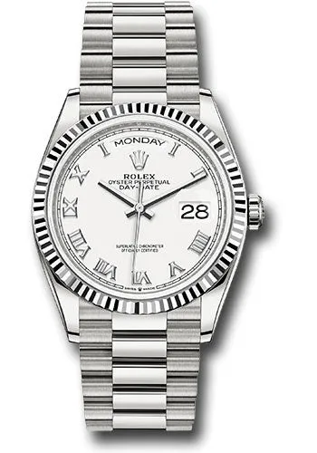   x White Gold Day-Date 36 Watch - Fluted Bezel - White Roman Dial - President Bracelet - 128239 wrp Day-Date Watches Affordable Day-Date Watch