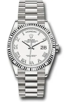   x White Gold Day-Date 36 Watch - Fluted Bezel - White Roman Dial - President Bracelet - 128239 wrp Day-Date Watches Affordable Day-Date Watch
