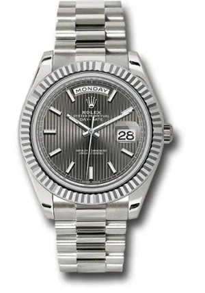   x White Gold Day-Date 40 Watch - Fluted Bezel - Dark Rhodium Stripe Motif Index Dial - President Bracelet - 228239 rsmip Day-Date Watches Affordable Day-Date Watch