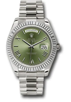   x White Gold Day-Date 40 Watch - Fluted Bezel - Olive Green Bevelled Roman Dial - President Bracelet - 228239 ogrp Day-Date Watches Affordable Day-Date Watch