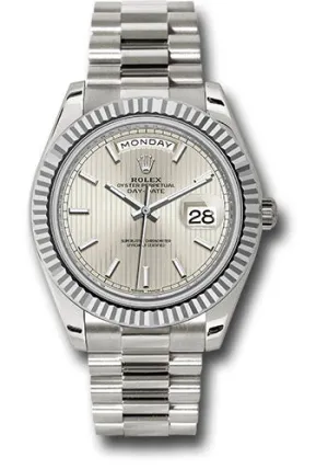   x White Gold Day-Date 40 Watch - Fluted Bezel - Silver Stripe Motif Index Dial - President Bracelet - 228239 ssmip Day-Date Watches Affordable Day-Date Watch