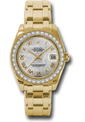   x Yellow Gold Datejust Pearlmaster 34 Watch - 34 Diamond Bezel - White Mother-Of-Pearl Roman Dial - 81298 mr Datejust watch for sale   x Datejust watch