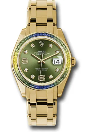   x Yellow Gold Datejust Pearlmaster 39 Watch - 48 Blue To Green Gradient Baguette-Cut Sapphires Bezel - Olive Green Diamond Dial - 86348SABLV Datejust watch for sale   x Datejust watch