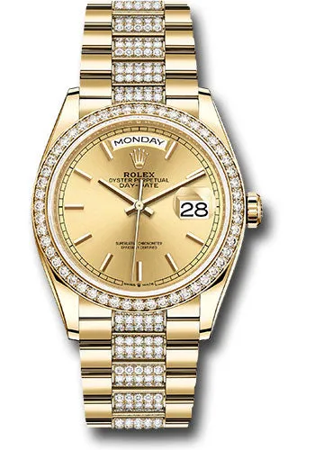  x Yellow Gold Day-Date 36 Watch - Diamond Bezel - Champagne Index Dial - Diamond President Bracelet - 128348rbr chidp Day-Date Watches Affordable Day-Date Watch