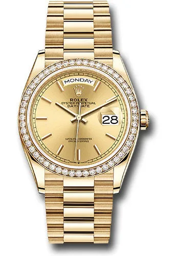   x Yellow Gold Day-Date 36 Watch - Diamond Bezel - Champagne Index Dial - President Bracelet - 128348RBR chip Day-Date Watches Affordable Day-Date Watch