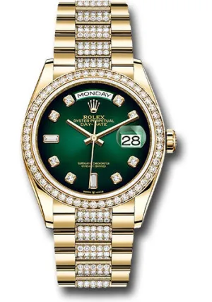   x Yellow Gold Day-Date 36 Watch - Diamond Bezel - Green Ombr Diamond Dial - Diamond President Bracelet - 128348rbr groddp Day-Date Watches Affordable Day-Date Watch