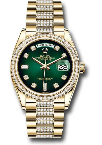   x Yellow Gold Day-Date 36 Watch - Diamond Bezel - Green Ombr Diamond Dial - Diamond President Bracelet - 128348rbr groddp Day-Date Watches Affordable Day-Date Watch