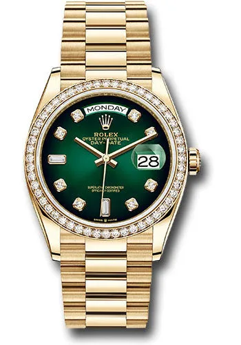   x Yellow Gold Day-Date 36 Watch - Diamond Bezel - Green Ombre Diamond Dial - President Bracelet - 128348RBR godp Day-Date Watches Affordable Day-Date Watch