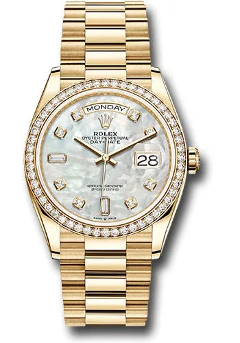   x Yellow Gold Day-Date 36 Watch - Diamond Bezel - Mother-of-Pearl Diamond Dial - President Bracelet - 128348RBR mdp Day-Date Watches Affordable Day-Date Watch
