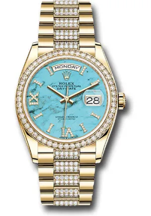   x Yellow Gold Day-Date 36 Watch - Diamond Bezel - Turquoise Diamond Index Roman 9 Dial - Diamond President Bracelet - 128348rbr tdidrdp Day-Date Watches Affordable Day-Date Watch