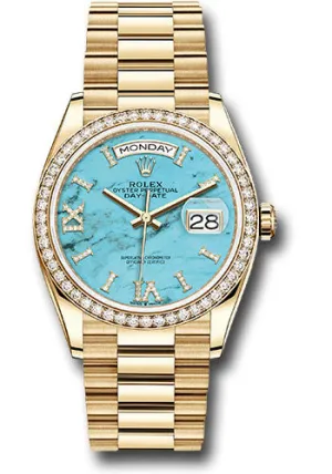   x Yellow Gold Day-Date 36 Watch - Diamond Bezel - Turquoise Diamond Roman Dial - President Bracelet - 128348RBR tdidrp Day-Date Watches Affordable Day-Date Watch
