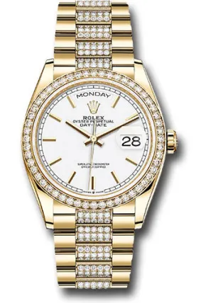   x Yellow Gold Day-Date 36 Watch - Diamond Bezel - White Index Dial - Diamond President Bracelet - 128348rbr wip Day-Date Watches Affordable Day-Date Watch