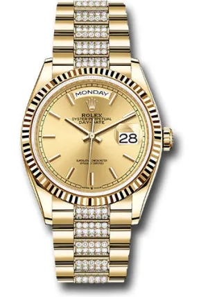   x Yellow Gold Day-Date 36 Watch - Fluted Bezel - Champagne Index Dial - Diamond President Bracelet - 128238 chidp Day-Date Watches Affordable Day-Date Watch