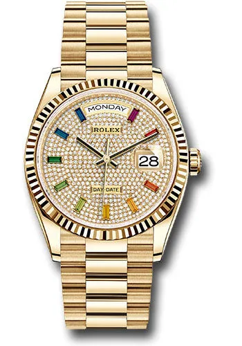   x Yellow Gold Day-Date 36 Watch - Fluted Bezel - Diamond-Paved Rainbow Sapphire Dial - President Bracelet - 128238 dprsp Day-Date Watches Affordable Day-Date Watch