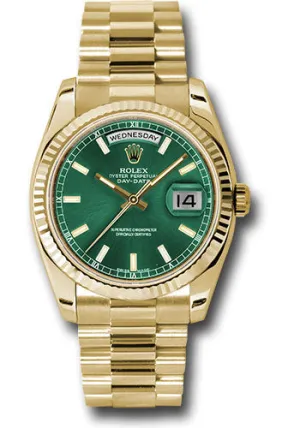   x Yellow Gold Day-Date 36 Watch - Fluted Bezel - Green Index Dial - President Bracelet - 118238 grip Day-Date Watches Affordable Day-Date Watch