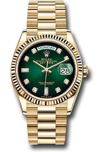   x Yellow Gold Day-Date 36 Watch - Fluted Bezel - Green Ombre Diamond Dial - President Bracelet - 128238 godp Day-Date Watches Affordable Day-Date Watch