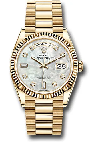   x Yellow Gold Day-Date 36 Watch - Fluted Bezel - Mother-of-Pearl Diamond Dial - President Bracelet - 128238 mdp Day-Date Watches Affordable Day-Date Watch