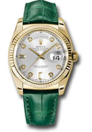   x Yellow Gold Day-Date 36 Watch - Fluted Bezel - Silver Diamond Dial - Green Leather - 118138 sdl Day-Date Watches Affordable Day-Date Watch