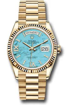   x Yellow Gold Day-Date 36 Watch - Fluted Bezel - Turquoise Diamond Dial - President Bracelet - 128238 tdidrp Day-Date Watches Affordable Day-Date Watch