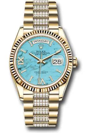   x Yellow Gold Day-Date 36 Watch - Fluted Bezel - Turquoise Diamond Index Roman 9 Dial - Diamond President Bracelet - 128238 tdidrdp Day-Date Watches Affordable Day-Date Watch