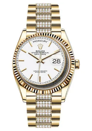   x Yellow Gold Day-Date 36 Watch - Fluted Bezel - White Index Dial - Diamond President Bracelet - 128238 widp Day-Date Watches Affordable Day-Date Watch