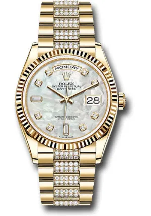   x Yellow Gold Day-Date 36 Watch - Fluted Bezel - White Mother-Of-Pearl Diamond Dial - Diamond President Bracelet - 128238 mddp Day-Date Watches Affordable Day-Date Watch