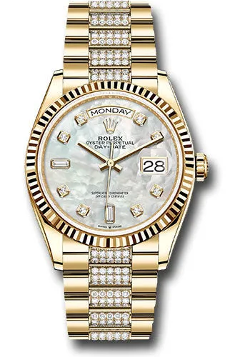   x Yellow Gold Day-Date 36 Watch - Fluted Bezel - White Mother-Of-Pearl Diamond Dial - Diamond President Bracelet - 128238 mddp Day-Date Watches Affordable Day-Date Watch