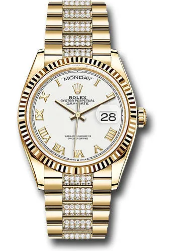   x Yellow Gold Day-Date 36 Watch - Fluted Bezel - White Roman Dial - Diamond President Bracelet - 128238 wrdp Day-Date Watches Affordable Day-Date Watch